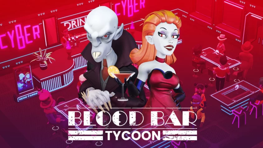 Blood Bar Tycoon — Стратегия управления вампирским баром Обложка игры Blood Bar Tycoon, где вампир с бокалом и его соблазнительная подруга отдыхают в баре с неоновыми вывесками