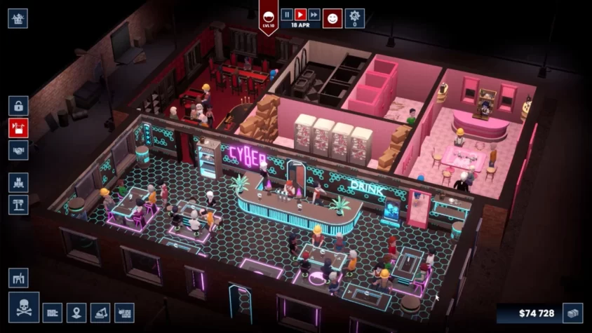 Вид на бар в игре Blood Bar Tycoon с неоновыми вывесками, барной стойкой и кучей вампиров, решающих, чем им заняться