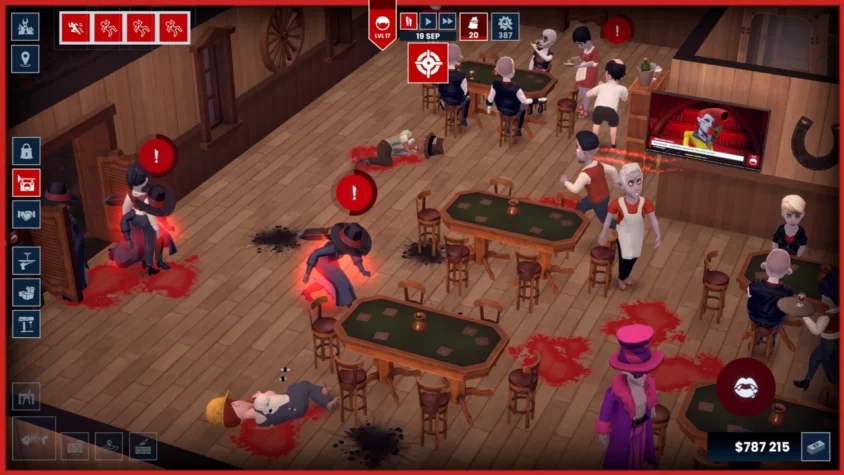 Бар для вампиров в игре Blood Bar Tycoon, где хаос царит среди трупов и следов крови, а персонажи продолжают веселиться