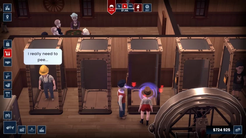 Персонажи в игре Blood Bar Tycoon, где один жалуется, что ему нужно в туалет, а другой просто стоит рядом