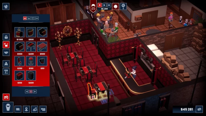 Персонажи в игре Blood Bar Tycoon обставляют бар в готическом стиле с красными столами, стульями и свечами, готовясь к новой вечеринке