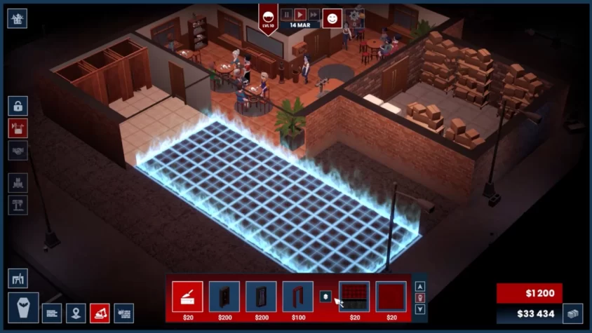 В игре Blood Bar Tycoon рабочие устанавливают светящийся пол, готовясь к очередной трансформации бара в ночной клуб с футуристическим стилем