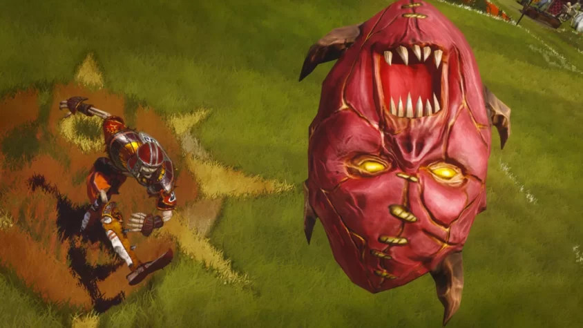 Игрок-скелет в форме для Blood Bowl, убегающий от ужасного мяча с лицом, готовый нанести ущерб