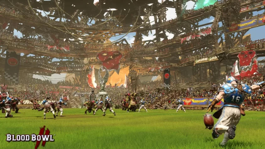 Игроки Blood Bowl в яростной схватке на разрушенном стадионе, в окружении ликующих фанатов и гигантских флагов