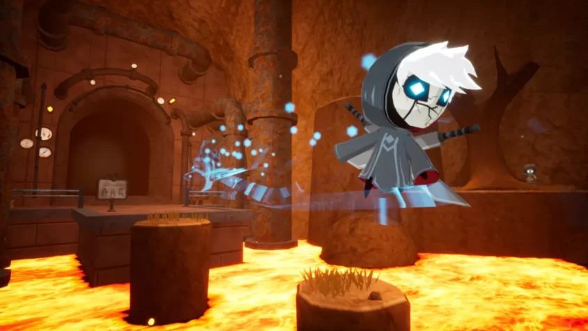Персонаж в игре Blue Fire преодолевает лавовый поток с помощью магии
