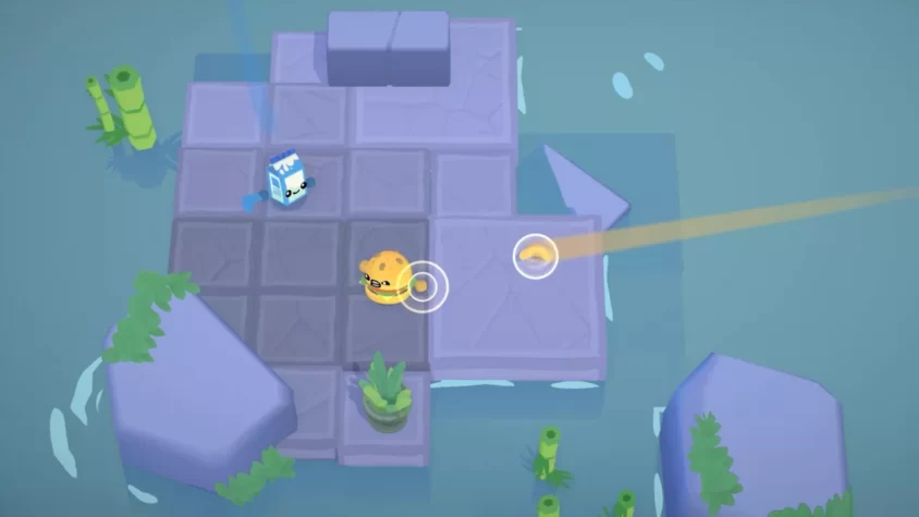 Персонажи в игре Boomerang Fu сражаются на платформе, бросая боомеранги