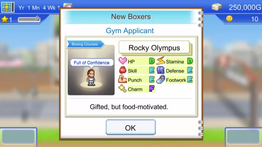 Персонаж Rocky Olympus, новый кандидат в боксеры с рейтингами в разных навыках