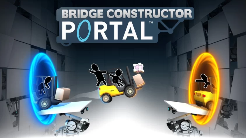 Bridge Constructor Portal — игра с портальными головоломками и строительством мостов Обложка игры Bridge Constructor Portal, с гениальными персонажами и порталами, что могут не спасти вашу конструкцию
