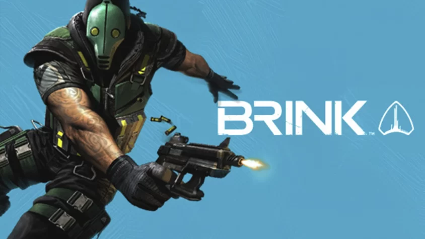 Обложка игры Brink: вооружённый персонаж в маске на фоне синего цвета