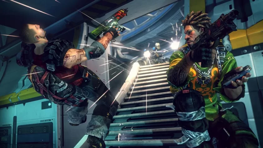 Персонажи из игры Brink в разгаре перестрелки на лестнице