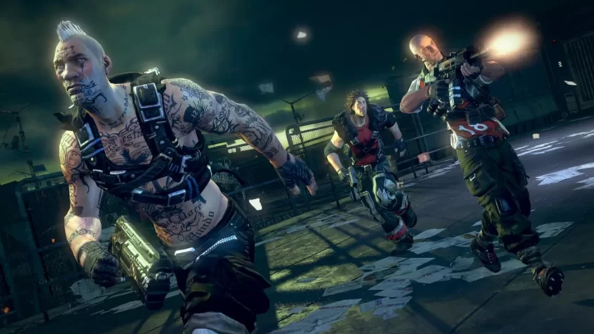 Персонажи из игры Brink бегут по разрушенному городу, готовясь к следующей перестрелке
