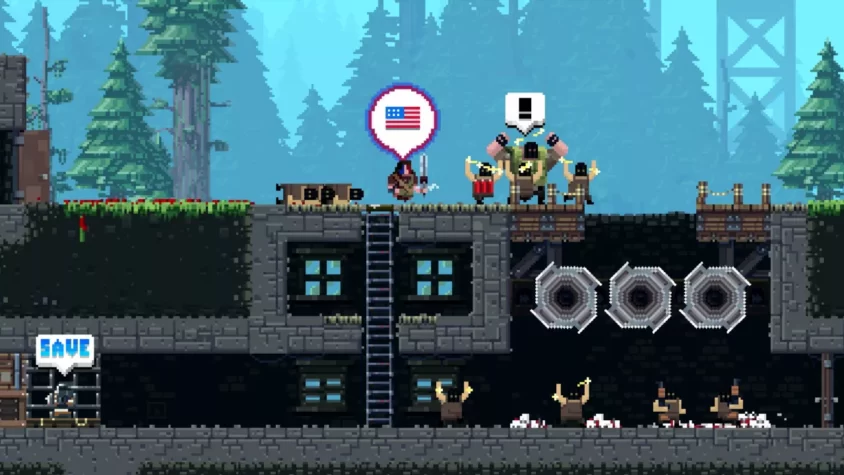 Персонажи сражаются с врагами в типичной для Broforce стилистике – брутально и весело
