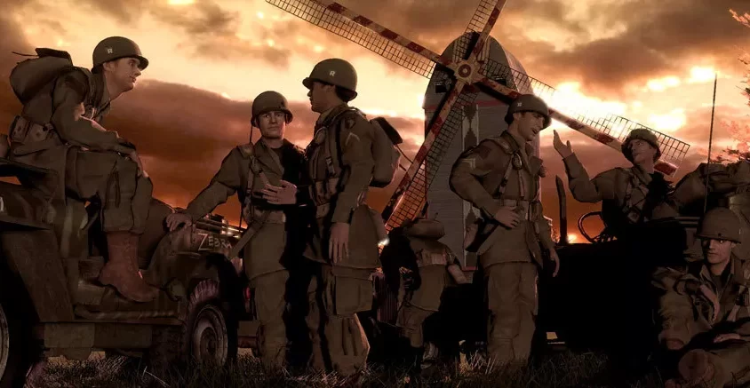 Солдаты в Brothers in Arms: Hell's Highway обсуждают стратегию на фоне ветряной мельницы
