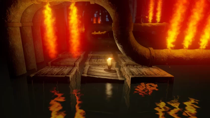 Кадр из игры Candleman, где свеча пробирается через лавовые потоки и механизмы