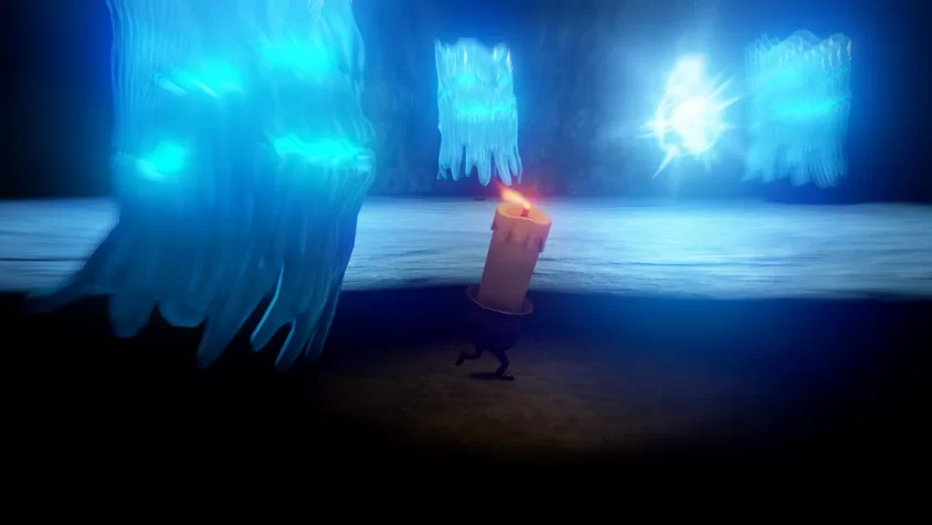 Кадр из игры Candleman, где свеча сталкивается с ледяными существами в темном мире