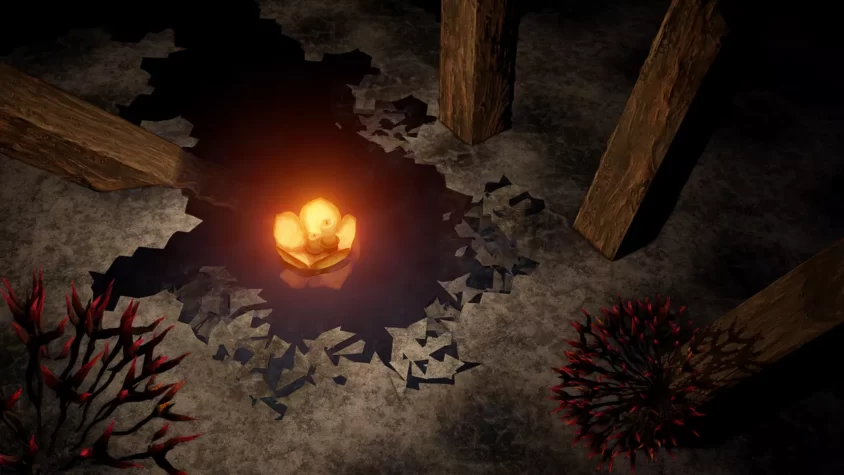 Кадр из игры Candleman, где свеча окружена опасными растениями и хрупким окружением