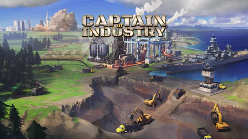 Обложка игры Captain of Industry, где видно гигантское промышленное предприятие и массивную боевую корабль на фоне природы