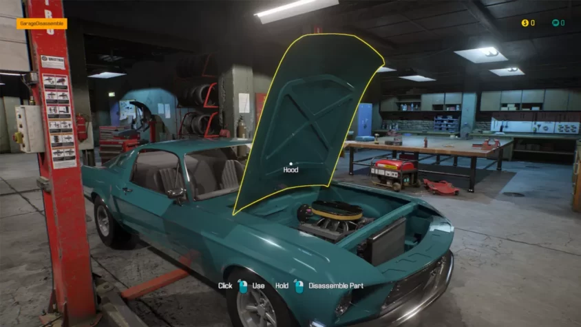 Автомобиль в гараже с открытым капотом в Car Mechanic Simulator 2018