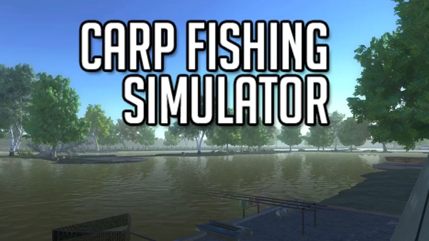 Carp Fishing Simulator Обложка игры о карповой рыбалке, спокойная водная поверхность и рыболовные удочки