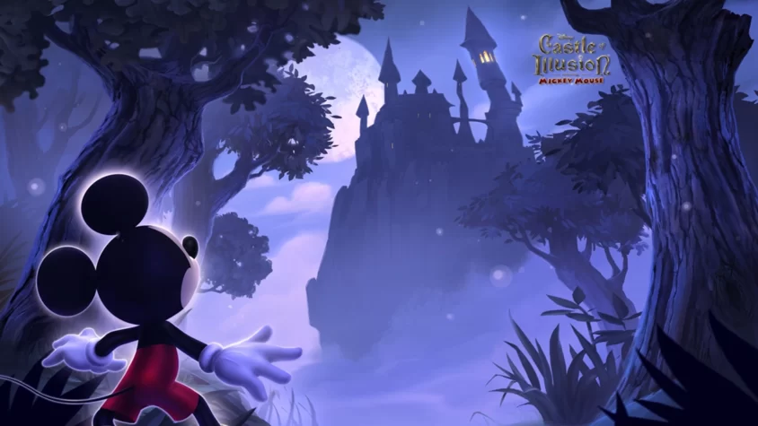 Castle of Illusion: Микки Маус и таинственные приключения Микки Маус стоит на фоне загадочного замка в мраке ночи