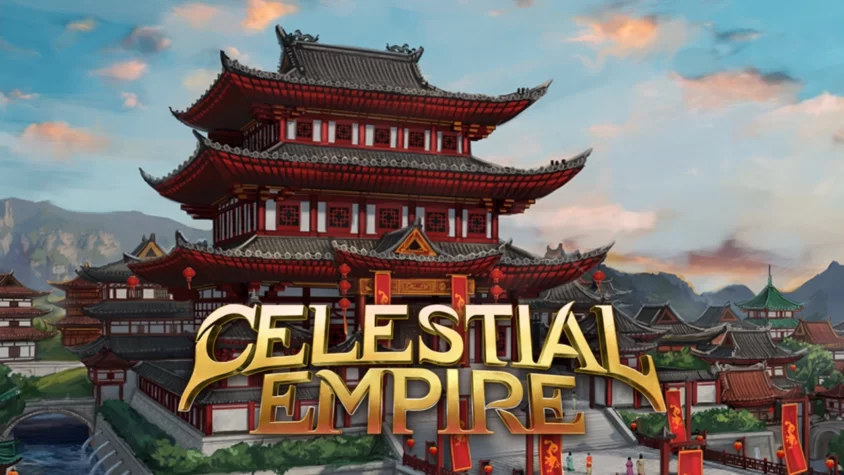 Обложка игры Celestial Empire с ярким восточным храмом на фоне гор