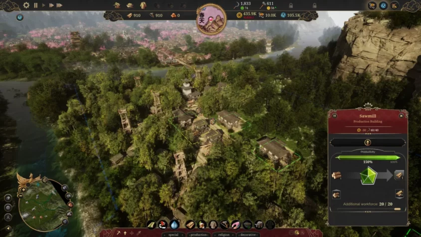 Зеленая долина с производственными зданиями в игре Celestial Empire