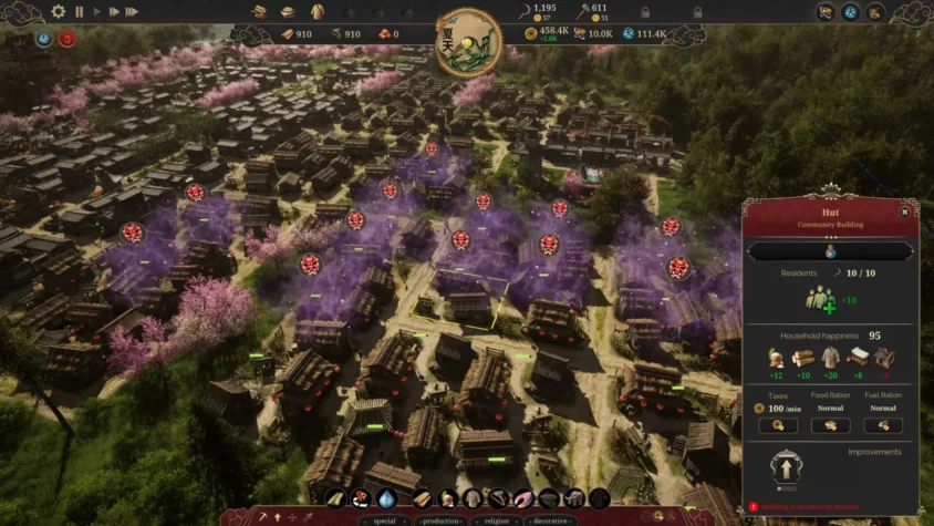 Город в игре Celestial Empire, атакованный демонами с фиолетовым дымом
