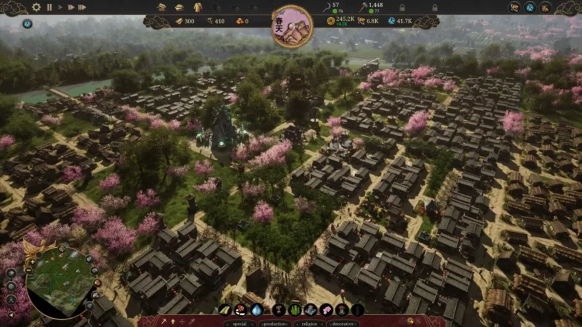 Вид на процветающий город с храмами и цветущими деревьями в игре Celestial Empire