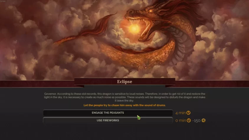 Дракон на экране с выбором действий в игре Celestial Empire