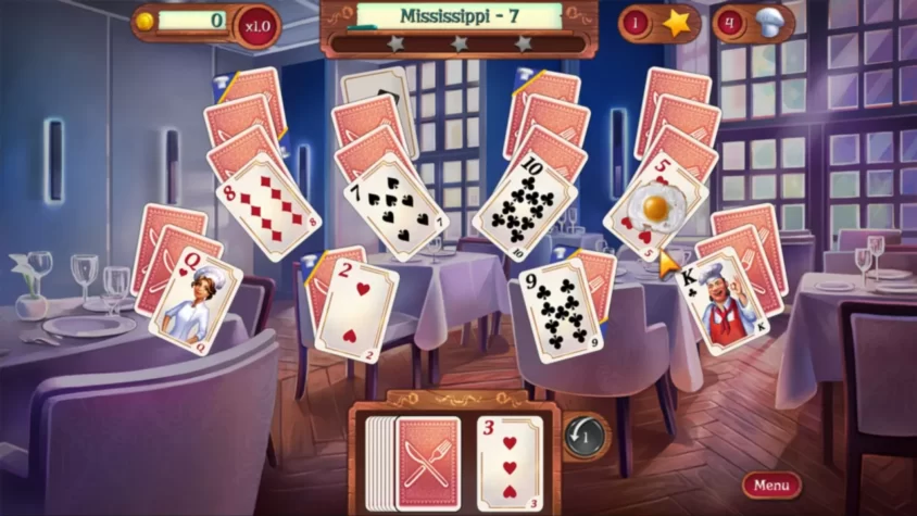 Геймплей игры Chef Solitaire: USA, карты на столе в ресторане
