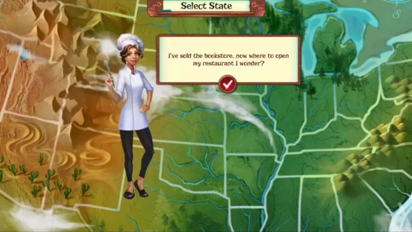 Выбор штата в игре Chef Solitaire: USA, героиня размышляет о местоположении ресторана