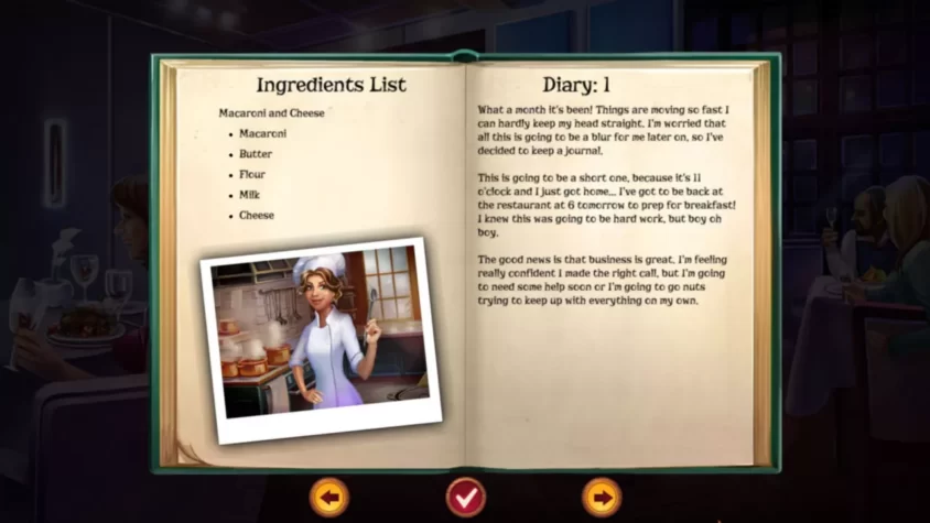 Журнал игры Chef Solitaire: USA с рецептом и заметками героини