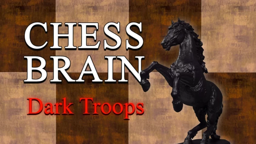 Обложка игры Chess Brain: Dark Troops с фигурой черного коня на фоне шахматного поля