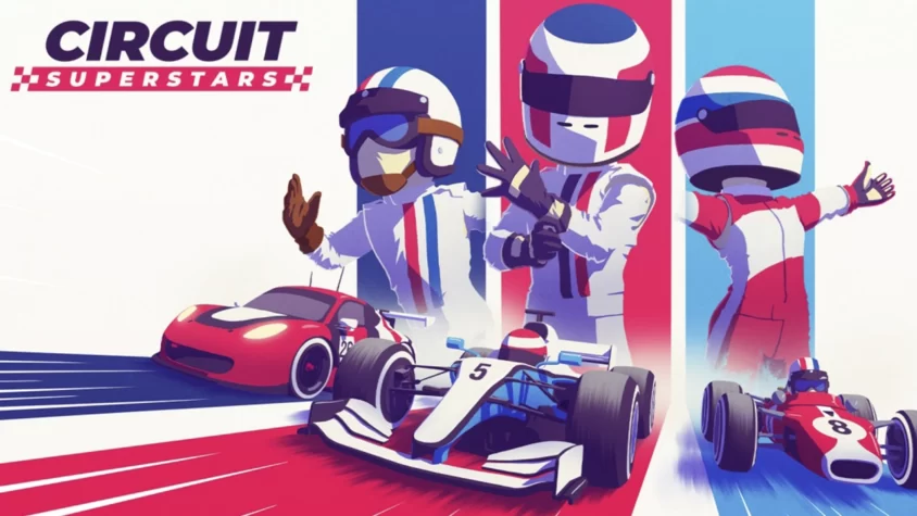 Circuit Superstars - Обложка Обложка игры Circuit Superstars, с персонажами в гоночных костюмах и машинами