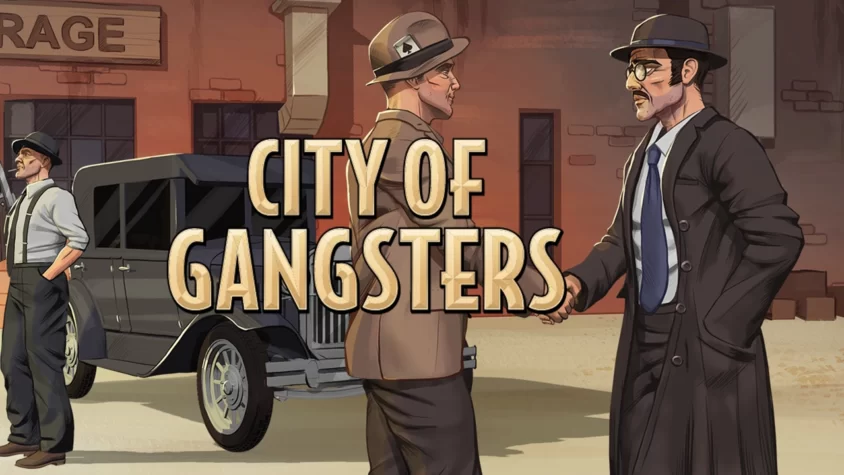 Обложка игры City of Gangsters с персонажами в 1920-х годах, автомобилем и зданиями