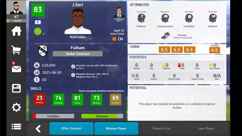 Профиль игрока в игре Club Soccer Director 2021