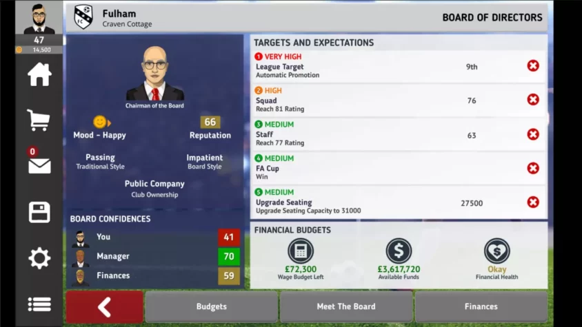Экран управления клубом в игре Club Soccer Director 2021