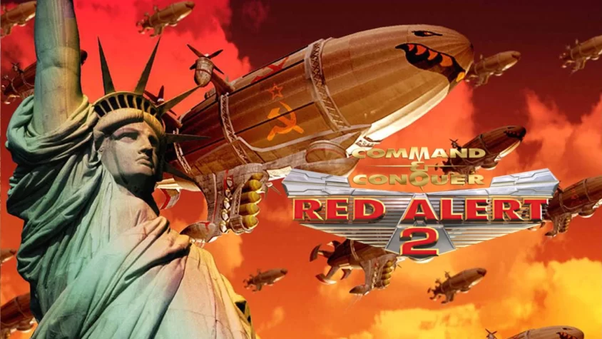 Обложка игры Command & Conquer: Red Alert 2, где Статуя Свободы выглядит немного обеспокоенной, а советские дирижабли летят в бой
