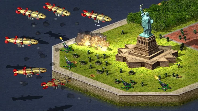Сцена из Command & Conquer: Red Alert 2, где советские дирижабли атакуют Статую Свободы, а на земле идут ожесточённые бои