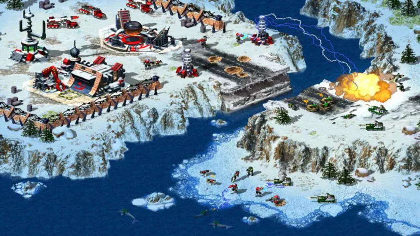 Сцена из Command & Conquer: Red Alert 2, где советская база стоит среди снежных просторов, а войска атакуют с помощью электрических разрядов