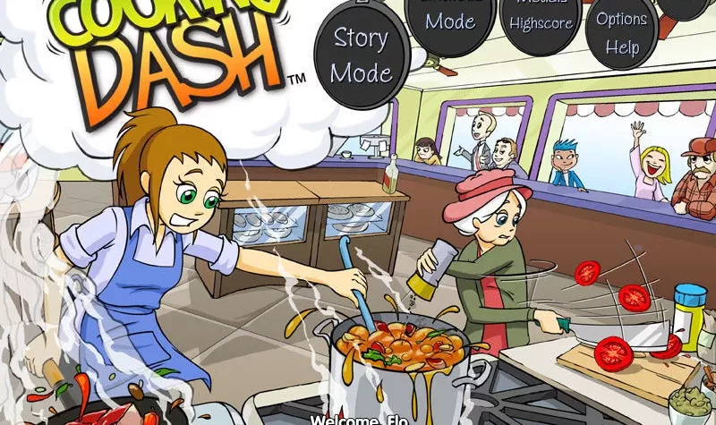Сцена из игры Cooking Dash с персонажами, пытающимися контролировать хаос на кухне