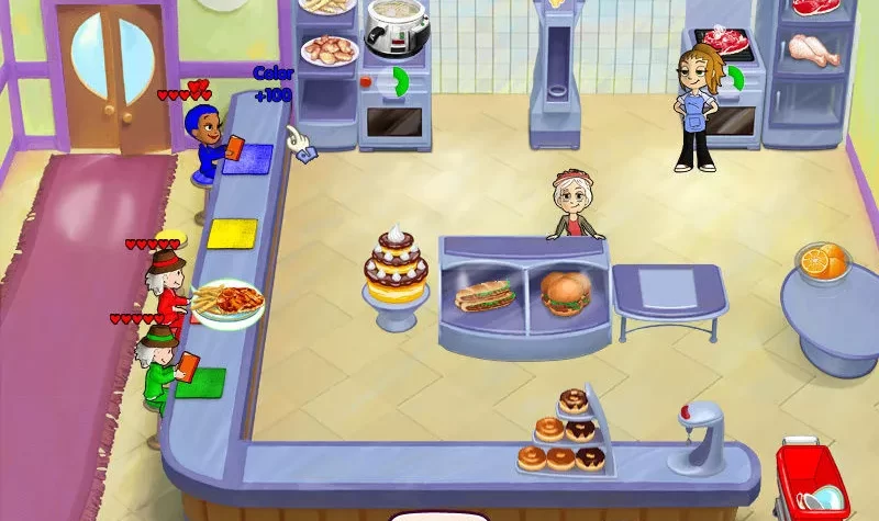 Сцена из игры Cooking Dash, где персонажи обслуживают клиентов в кафе
