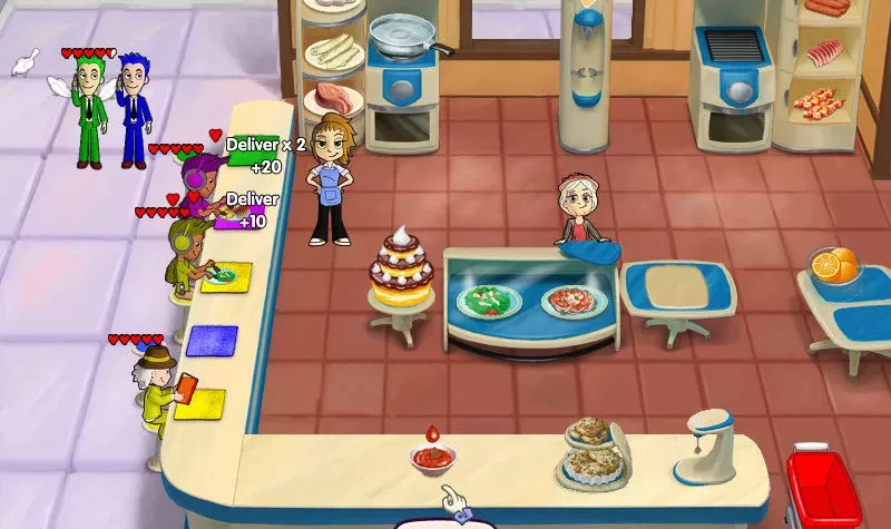 Сцена из игры Cooking Dash, где персонажи обслуживают клиентов в кафе с множеством блюд