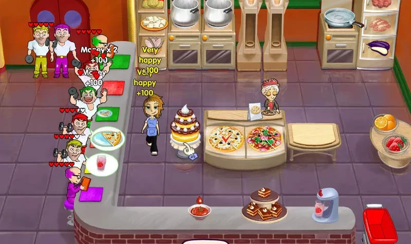 Сцена из игры Cooking Dash с персонажами, обслуживающими клиентов и готовящими еду в ресторане