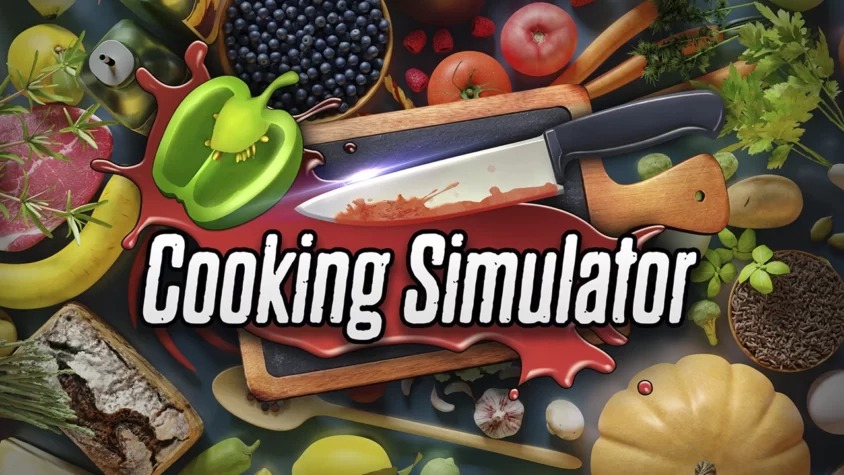 Обложка игры Cooking Simulator с ножом и продуктами на фоне
