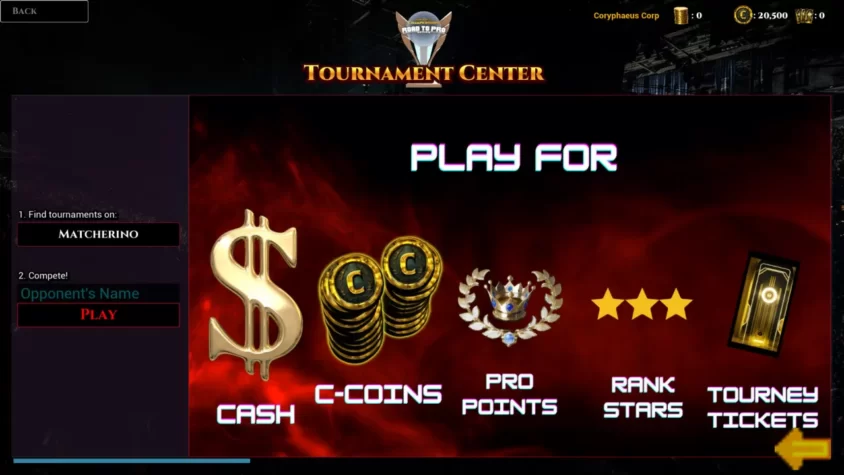 Экран турнира в игре Coryphaeus Championships, где игрок может заработать деньги, C-коины, очки и звездные рейтинги