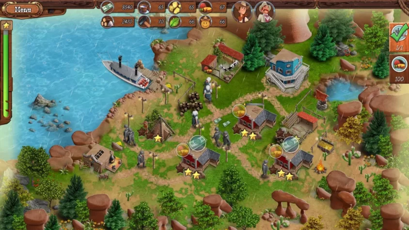 Геймплей из игры Country Tales, где строится и развивается поселение на фоне озера
