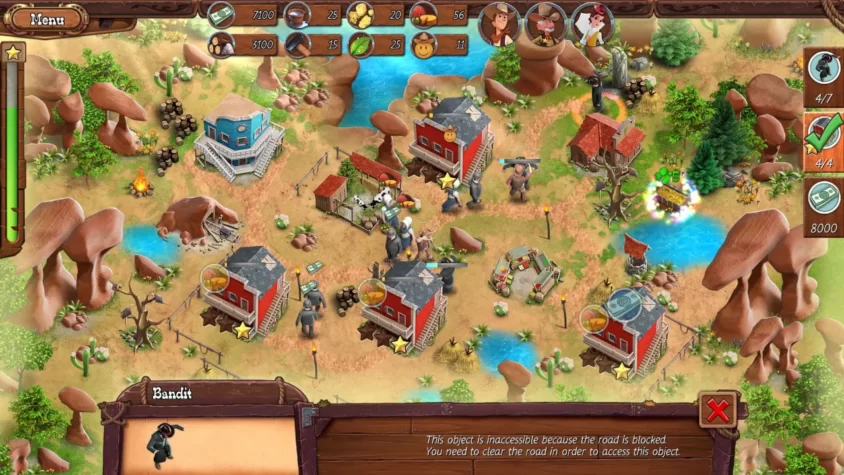 Геймплей из игры Country Tales, где игроки сталкиваются с препятствием на пути и пытаются решить проблему с разбойниками