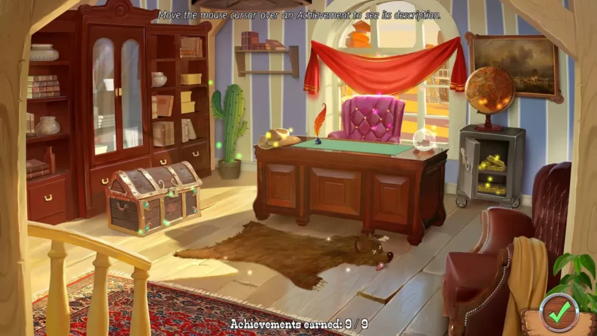 Геймплей из игры Country Tales, где отображается уютный кабинет с выполненными достижениями