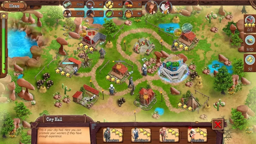 Геймплей из игры Country Tales, где показан центр города с различными зданиями и работниками